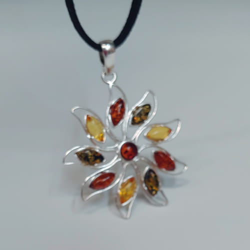 HWG-069 Pendant, 9 Petal Flower, Multi-Color Amber $50  at Hunter Wolff Gallery